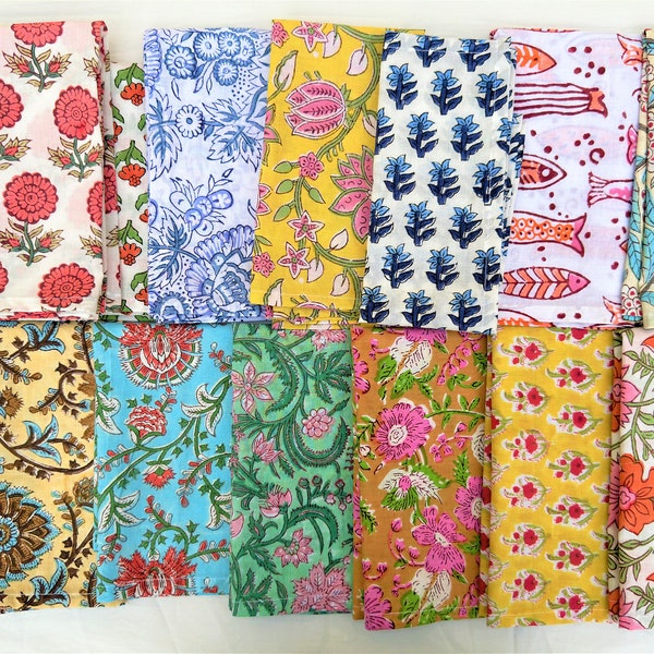 Mélangez et assortissez les serviettes de table - Serviettes en coton imprimées à la main - Serviettes en tissu en coton Serviettes en tissu réutilisables écologiques