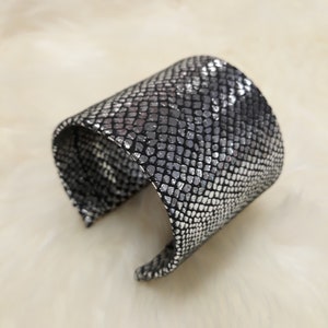 Stylish Cuff Bracelet/Metallic Silver/ Black Faux Suede/ Exotic Print/ Custom Statement Jewelry/ Gift for her