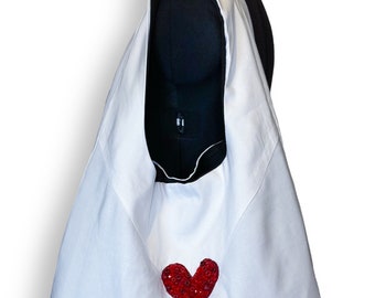 Handmade White Love Letter Envelope Red Beaded Sealed Heart Medium Size Shoulder Tote Bag, Lover Gift Shopping Farmers Market