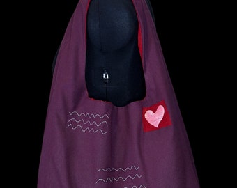 Handmade Dark Purple Red Pink Knit Embroidered Love Letter Heart Stamp Medium Shoulder Tote Bag, Gifts, Shopping Farmers Market School Work