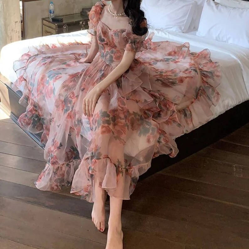 Floral Puff Sleeves Cottagecore Dress, Tea Party Ruffle Dress, Vintage