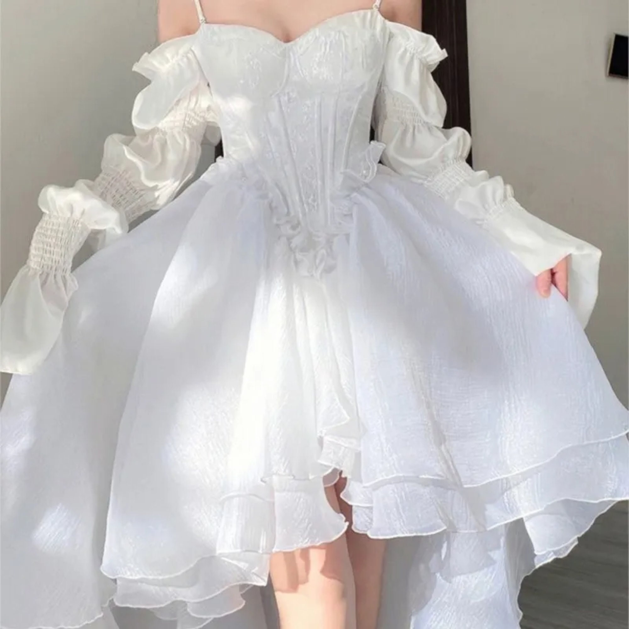 White Tea Party Dress, off Shoulder Cottagecore Dress, Victorian Flowy