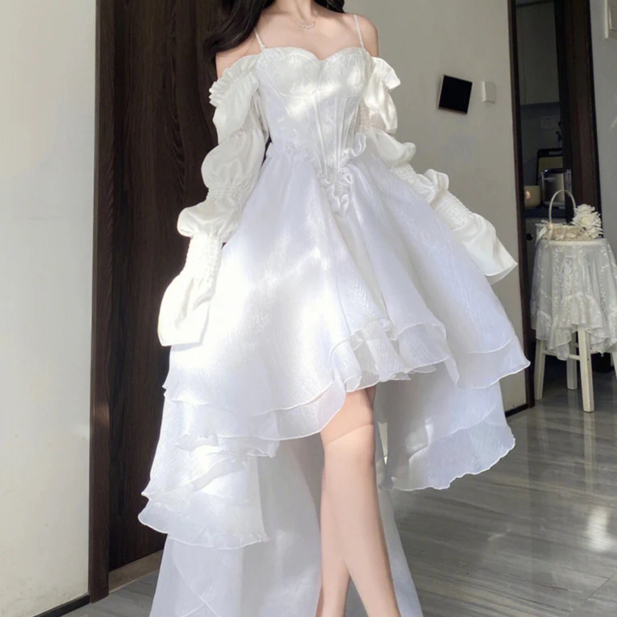 White Tea Party Dress, off Shoulder Cottagecore Dress, Victorian Flowy