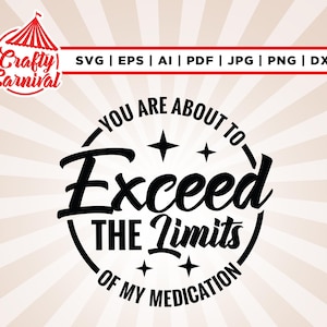 Może przedstawiać: Czarno-biały projekt graficzny z namiotem cyrkowym i tekstem "Crafty Carnival". Grafika zawiera również tekst "YOU ARE ABOUT TO EXCEED THE LIMITS OF MY MEDICATION".