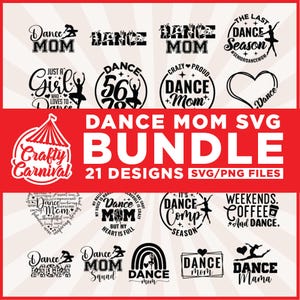 Könnte beinhalten: Ein Bundle mit SVG- und PNG-Dateien mit Tanzmotiven. Die Designs enthalten Texte wie "Dance Mom", "Dance Squad" und "It's Dance Comp Season". Das Bundle enthält 21 Designs.