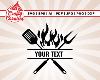 May include: Black and white silhouette of a spatula and a grilling fork crossed over a flame with the text "YOUR TEXT" underneath.