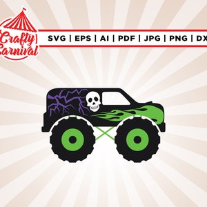 Auto svg, Automobiles Clipart, Monstertruck svg, geschichteter schwarzer Monstertruck, weißer Schädel, grüne Flammen, lila Blitz svg, Totenkopf