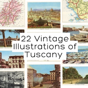 22 Vintage Italien Illustrationen Toskana Italien, Italien Vintage Karte 1960er Jahre, italienisches Urlaub Scrapbook Junk Journal