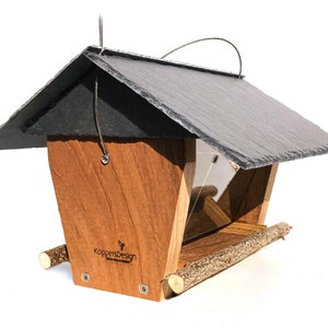 Bird house, bird feeder, bird feeding station for hanging, bird feed silo, weatherproof, slate roof, wood, two feeding chambers, durable