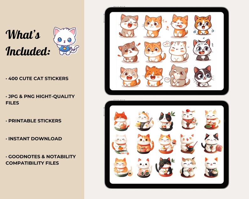 Cute Onenote 400+ Cute Cat Digital Stickers - Kawaii Cat Stickers for Planners ...