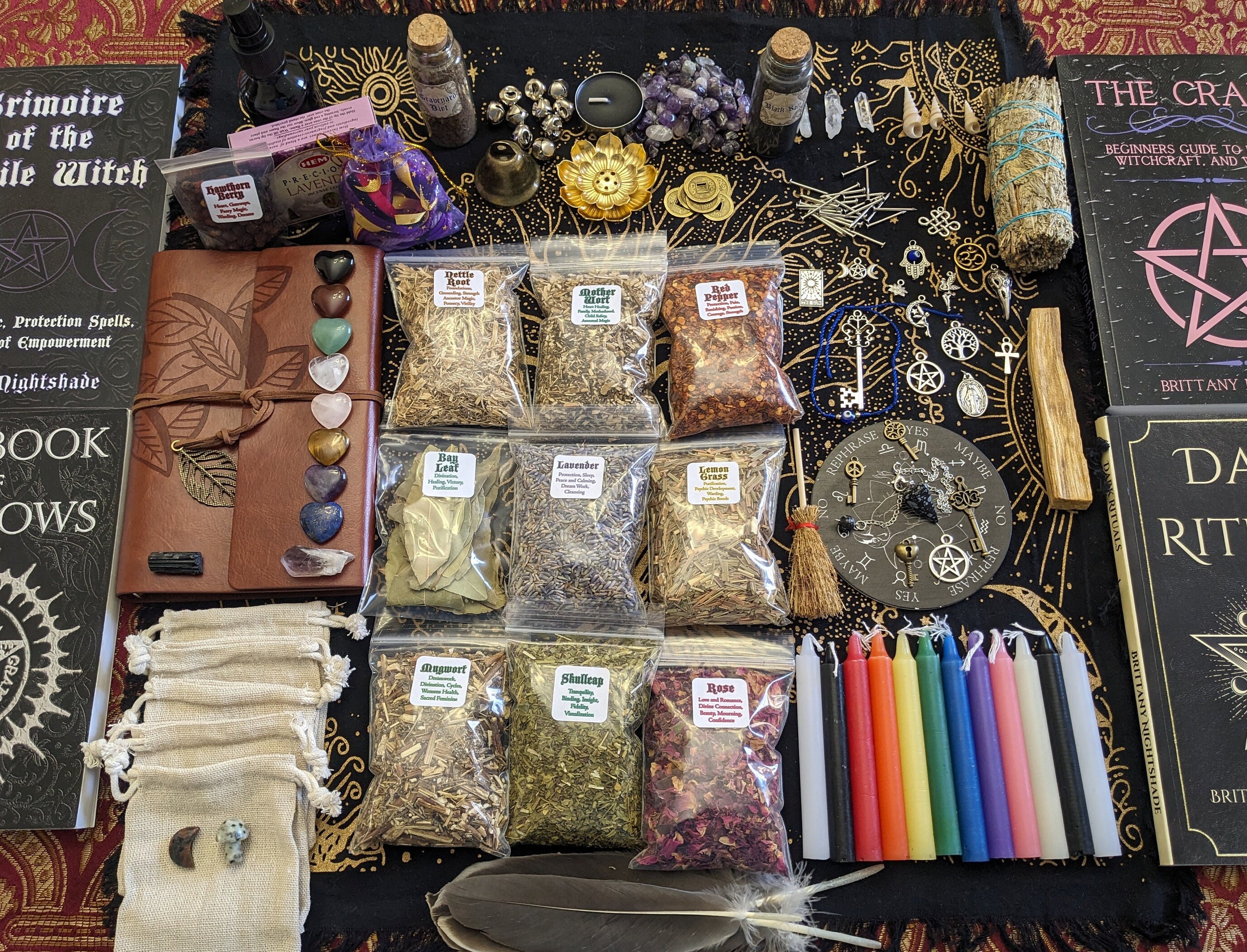 Witchcraft Starter Kit, Witchcraft Supplies For Wiccan Altar- 63 Pack Of  Crystals Dried Herbs, Colored Magic Candles, Charm Bags And Ritual Witches  Sa