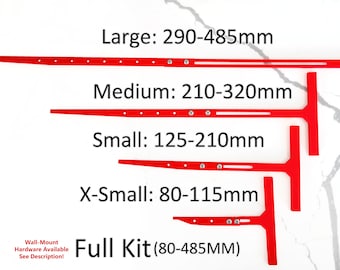 May include: Five red metal T-shaped wall-mounted shelf brackets in different sizes. The brackets are labeled with their size range in millimeters: Large: 290-485mm, Medium: 210-320mm, Small: 125-210mm, X-Small: 80-115mm. The bottom bracket is labeled "Full Kit (80-485MM)". Wall-mount hardware is available. See description!