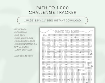 Path to 1000 Challenge Tracker, PDF, 1000 millas, 1000 días, 1000 pasos, 1000 libros, 1000 ventas, 1000 viajes