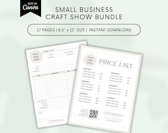Paquete de exhibición de artesanía para pequeñas empresas, plantilla de Canva, factura, formulario de pedido, lista de precios, instrucciones de cuidado, escaneo para pagar, lista de inventario, lista de verificación