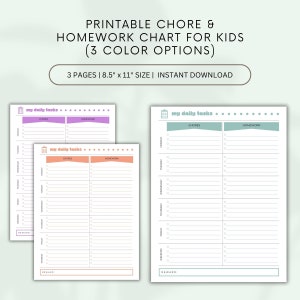 Printable Weekly Chore & Homework Tracker for Kids, Three Color Options, Assignment Tracker, Kids To Do List, Chore Chart, Homework Chart