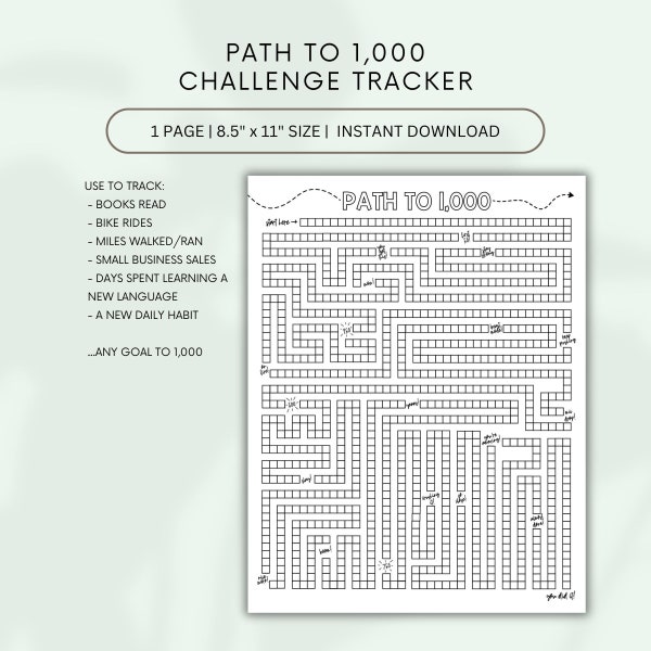 Path to 1000 Challenge Tracker, PDF, 1000 Miles, 1000 Days, 1000 Steps, 1000 Books, 1000 Sales, 1000 Rides