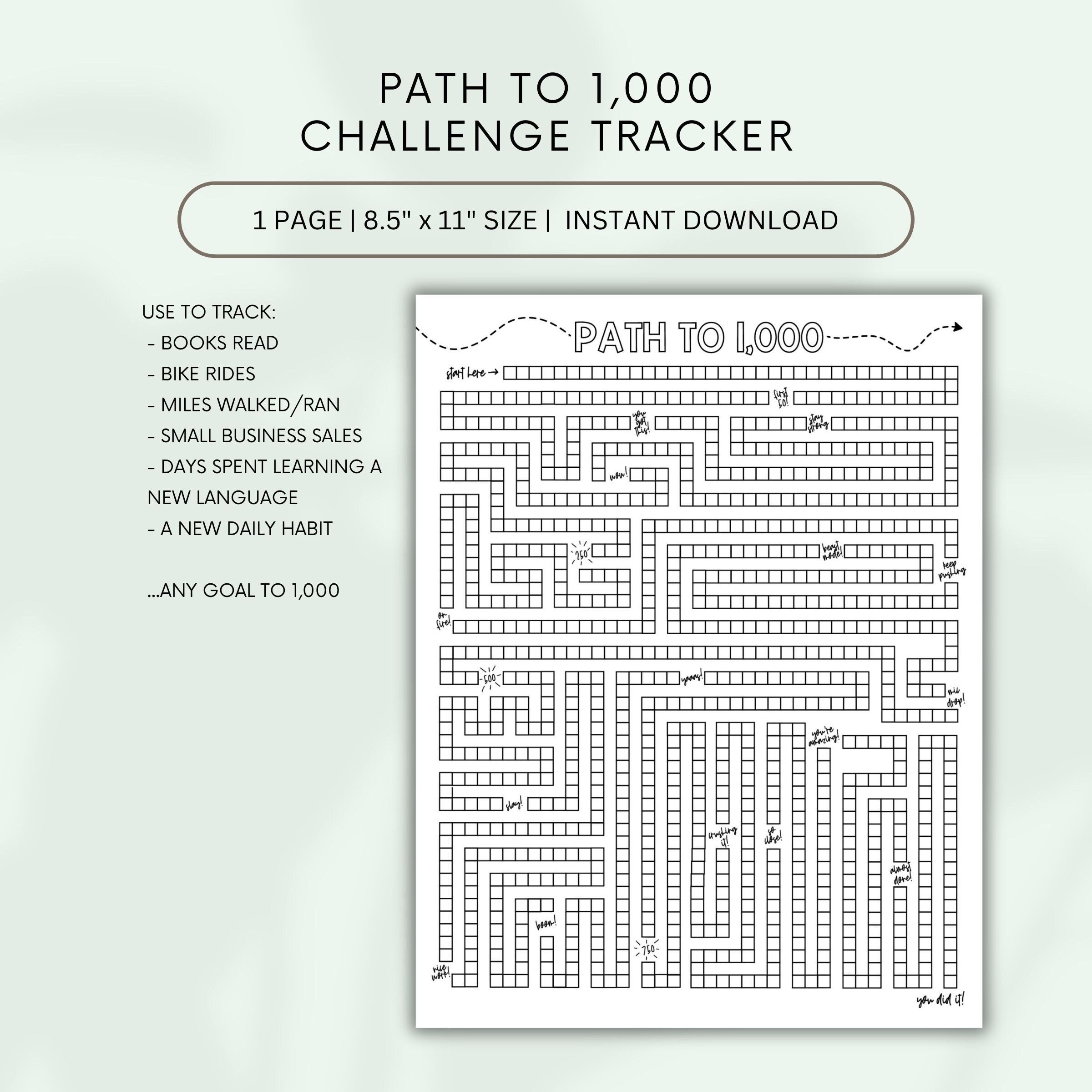 Path to 1000 Challenge Tracker, PDF, 1000 Miles, 1000 Days, 1000 Steps, 1000 Books, 1000 Sales