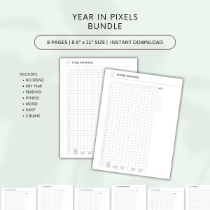May include: A printable year in pixels bundle with 8 pages, including trackers for no spend, dry year, reading, fitness, mood, sleep, and two blank pages. The pages are 8.5 inches by 11 inches.