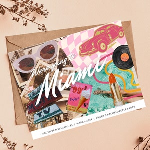 Miami Vintage Postkarten-Einladung (Florida), digitale Canva-Einladungsvorlage, Beach Bash inspirierter Urlaub, Bachelorette Reiseplan