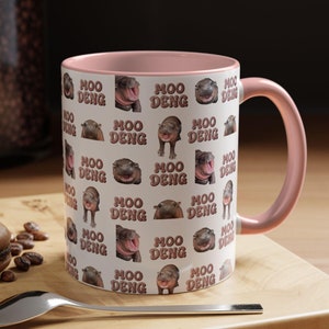Moo Deng Moods Pink Accent Coffee Mug 11oz 15oz, Cute Animated Baby Hippo Lover Gift, Funny Baby Moo Deng Mug, Gift for Moo Deng Fan Club