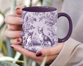 Chihuahua French Toile de Jouy Mug, Cute Purple Toile Coffee Cup for Chihuahua Mom, Chihuahua Lover Gifts, Dog Lover Floral Coffee Mug 3