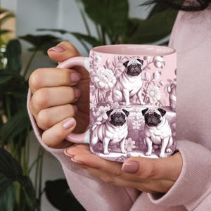 Pink Pug French Toile de Jouy Mug, Floral Coffee Mug, Ceramic Cup For Dog Lover, Animal Christmas Gift Flower, Puggle Pet Mom Drinkware 2
