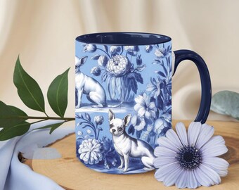 Chihuahua Floral Coffee Mug, Toile Dog Mug With Flower, Blue Chihuahua Ceramic Cup, Dog Lover Birthday Gift, Dog Drinkware For Christmas 2