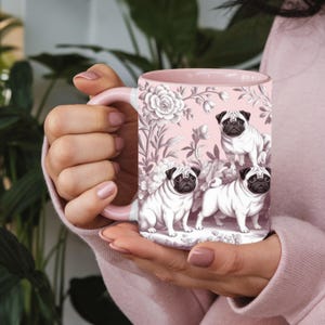 Pink Pug French Toile de Jouy Mug, Floral Coffee Mug, Ceramic Cup For Dog Lover, Animal Christmas Gift Flower, Puggle Pet Mom Drinkware 1