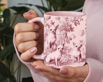 Chihuahua French Toile de Jouy Mug, Cute Pink Toile Coffee Cup for Chihuahua Mom, Chihuahua Lover Gifts, Dog Lover Floral Coffee Mug 3