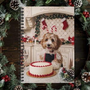 May include: A white and red frosted cake with a dog wearing a black apron and candy cane antlers. The dog is sitting in a kitchen setting with Christmas decorations.