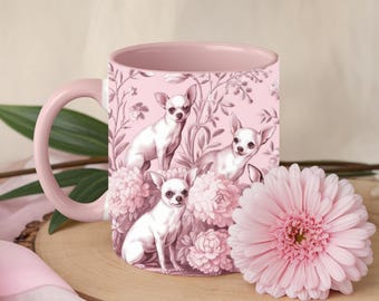 Chihuahua Floral Coffee Mug, Toile Dog Mug With Flower, Pink Chihuahua Ceramic Cup, Dog Lover Birthday Gift, Dog Drinkware For Christmas 2