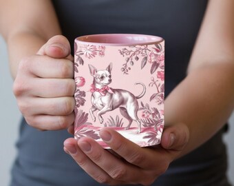 Pink Chihuahua French Toile de Jouy Mug, Floral Coffee Mug, Ceramic Cup For Dog Lover, Chihuahua Christmas Gift, Chihuahua Mom Drinkware 1
