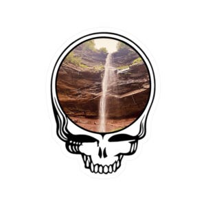 May include: A sticker featuring a black and white skull design with a waterfall scene inside the skull's head. The waterfall cascades down a rocky cliff face, surrounded by green trees.
