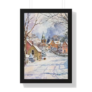 Digital Print of Watercolor Painting of a small town in Connecticut covered in snow Framed Vertical Posters 16 x 24 | Home Decor | Art
