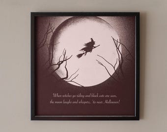 Witch on Broom Halloween Print, Full Moon Spooky Art (Digital Download)