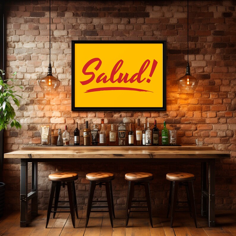 Salud Spanish Cheers Art Print, Red and Yellow Bar Sign (Digital Download) image 2