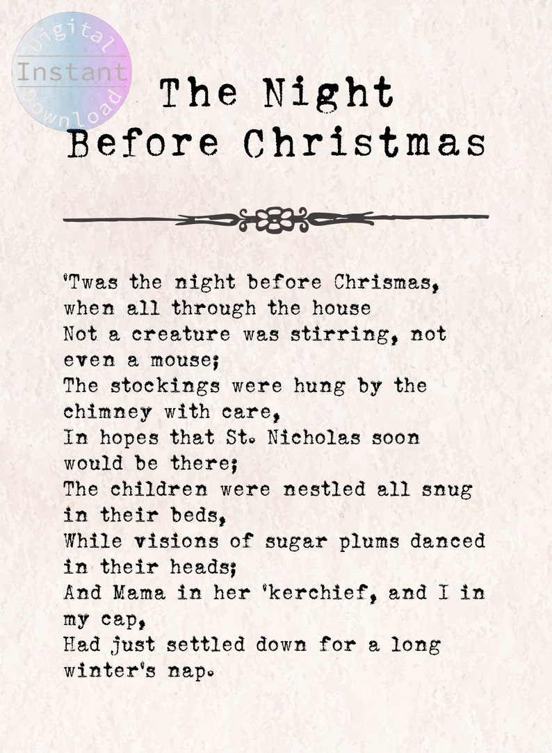 Vintage Christmas Print Twas the Night Before Christmas Poem Etsy