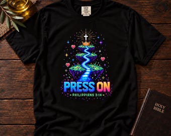 Koszulka z napisem „Press On” z Listu do Filipian 3:14 | Grafika z krzyżem wiary chrześcijańskiej