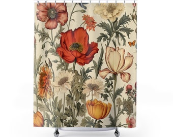 Vintage botanical flower, shower curtain, cottagecore, boho style spa bathroom accessories