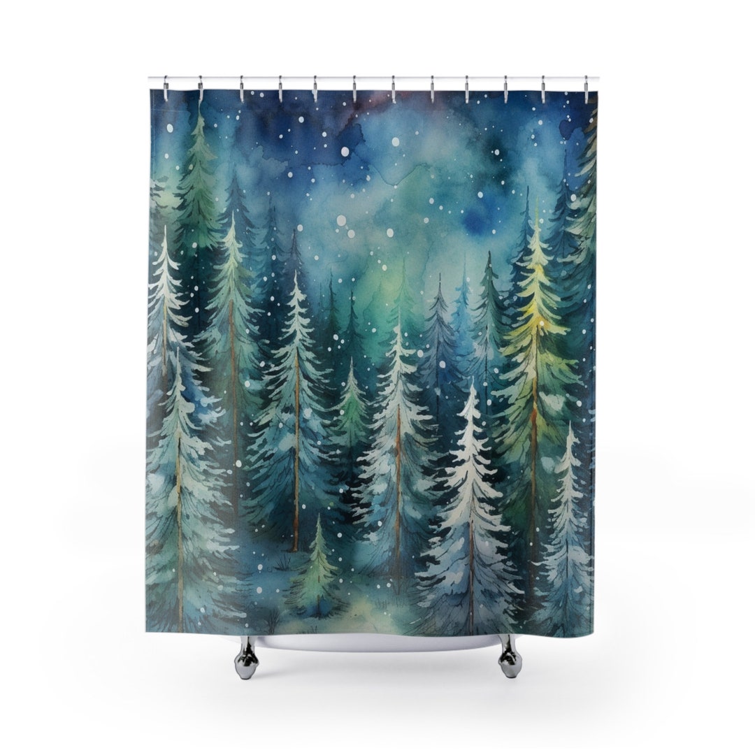 Snowy Winter Evergreen Pines Shower Curtain, Seasonal Decor for