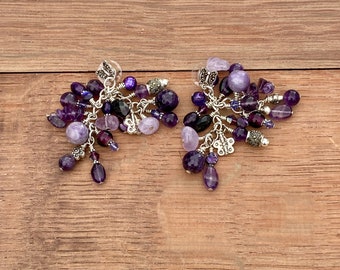 Purple Gemstone Beaded Chandelier Earrings - Amethyst, Charoite, Sugalite, Swarovski Beads - 925 Marcasite Beads - Luxury Beaded Jewelry