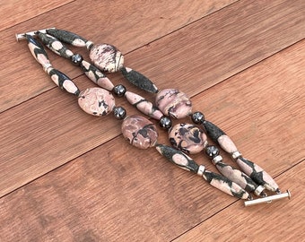 3-Strand Pink Zebra Jasper and Hematite Bracelet - Nature Inspired - 9 inches - Sterling Silver Tube Slider Clasp - Luxury Beaded Jewelry