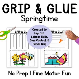 May include: Educational activity sheets with the text "GRIP & GLUE Springtime". The sheets feature illustrations of flowers, a bee, boots, and an umbrella. Includes scissors and glue. Designed to improve scissor skills, glue control, and pencil grip.