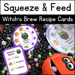 May include: Squeeze & Feed Witch's Brew recipe cards featuring a purple-bordered card with text listing 3 eyes, 4 pumpkins, and 3 bubbles. Two circular cards show a cauldron graphic. The items are placed on a bed of black beans and small colourful tokens.