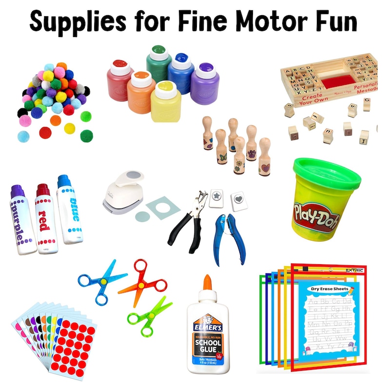 May include: A collection of fine motor skills toys for children, including colourful pom poms, paint pots, stamps, scissors, glue, stickers, play dough, and dry erase sheets.  "Create Your Own Personal Message" is written on a wooden alphabet stamp set.