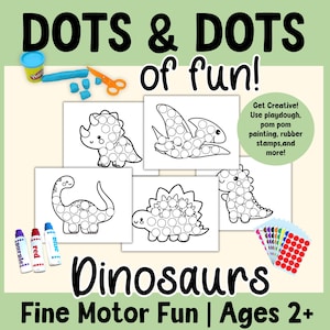 May include: A set of dinosaur-themed dot marker activity sheets featuring outlines of various dinosaurs with circular spaces for filling. Includes a container of blue modelling clay, orange scissors, three markers, and a sheet of colourful circular stickers.