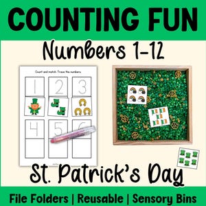 Puede incluir: Un conjunto de actividades educativas con temática del Día de San Patricio. La imagen muestra una hoja de trabajo con los números 1-6 e imágenes coincidentes, un contenedor sensorial con relleno verde y el texto "COUNTING FUN Numbers 1-12".