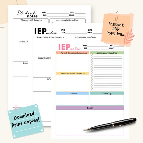 IEP Meeting Notes Digital Download IEP Teacher Template Special Education Teacher Meeting Notes IEP Therapist Printable Note Ot Pt Slp Notes