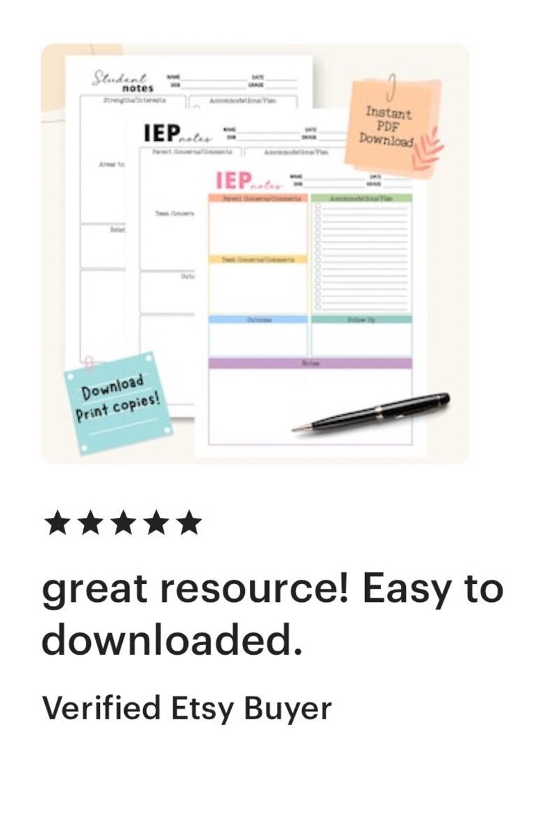 K&ouml;nnte beinhalten: Druckbare IEP-Notizvorlage mit bunten Abschnitten f&uuml;r Sch&uuml;lerinformationen, Ziele und Anpassungen. Die Vorlage ist als sofortiger PDF-Download verf&uuml;gbar. Das Bild enth&auml;lt auch einen Stift und einen Zettel mit der Aufschrift "Download Drucken Sie Kopien!"