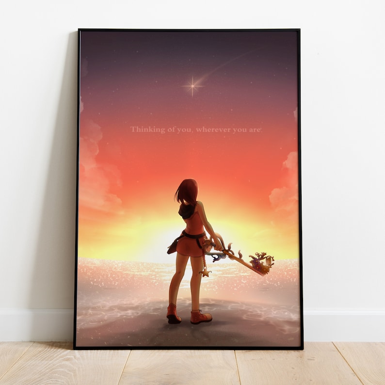 May include: A digital illustration of a woman standing on a beach at sunset, holding a keyblade. The sky is a vibrant orange and pink, and there is a single star in the distance. The text "Thinking of you, wherever you are" is written in white at the top of the image.